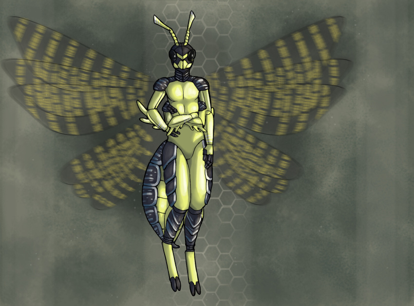 4_arms android antennae_(anatomy) anthro arthropod hi_res hornet hymenopteran insect_wings insects looking_at_viewer machine male merrowsong multi_arm multi_limb robot solo sting vespid wasp wings yellow_body