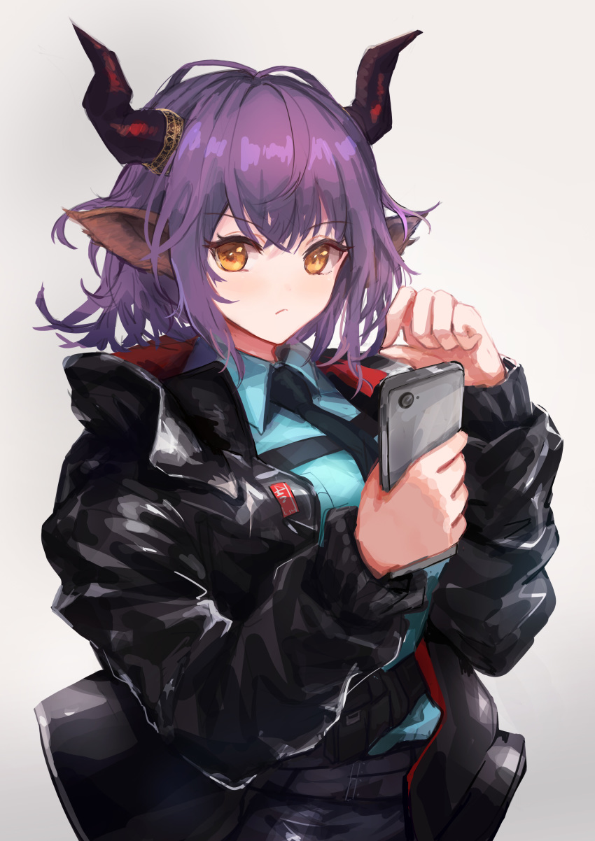 absurdres arknights black_jacket black_necktie blue_shirt brown_eyes cellphone commentary female grey_background hair_between_eyes hands_up highres holding holding_phone horns jacket long_sleeves looking_at_viewer necktie open_clothes open_jacket phone photoshop_(medium) purple_hair shirt short_hair sideroca_(arknights) simple_background smartphone solo trrcmb upper_body