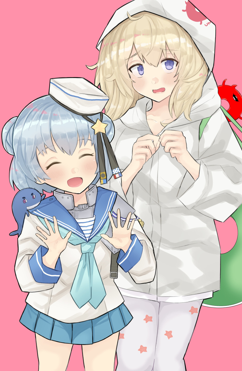 2girls 2others absurdres abyssal_ship aqua_skirt blonde_hair blue_eyes blue_hair blue_neckerchief blue_sailor_collar closed_eyes commentary_request dixie_cup_hat dokuganryuu double_bun dress enemy_lifebuoy_(kancolle) facing_viewer gambier_bay_(kancolle) hair_bun hairband hat highres hood hood_up hooded_dress hoodie kantai_collection little_blue_whale_(kancolle) long_sleeves looking_at_viewer military_hat miniskirt multiple_girls multiple_others navy_cross neckerchief open_mouth pink_background pleated_skirt sailor_collar samuel_b._roberts_(kancolle) school_uniform serafuku shirt short_hair skirt sleeve_cuffs star_(symbol) star_print starry_background whale white_dress white_headwear white_legwear white_shirt