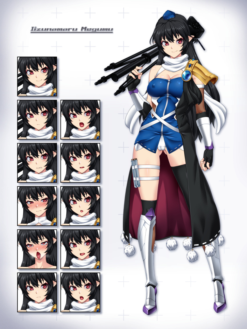 alternate_costume black_hair black_thighhighs breasts character_name commission expressions female fingerless_gloves full_body gloves hat highres holding holding_tripod iizunamaru_megumu looking_at_viewer ootsuki_wataru pointy_ears red_eyes shoulder_guard skeb_commission smile solo standing tachi-e test_tube thigh_strap thighhighs tokin_hat touhou tripod