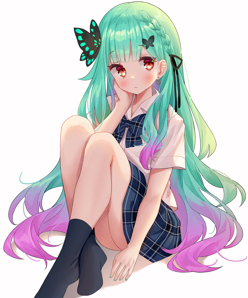 black_bow black_ribbon black_skirt black_socks blush bow braid butterfly_hair_ornament chobi_(penguin_paradise) closed_mouth collared_shirt commentary crossed_ankles dress_shirt female gradient_hair green_hair green_nails hair_ornament hair_ribbon hand_up highres hololive knees_up long_hair multicolored_hair nail_polish official_alternate_costume official_alternate_hair_length official_alternate_hairstyle plaid plaid_bow plaid_skirt purple_hair red_eyes ribbon shadow shirt short_sleeves skirt socks solo uruha_rushia uruha_rushia_(school_uniform) virtual_youtuber white_background white_shirt