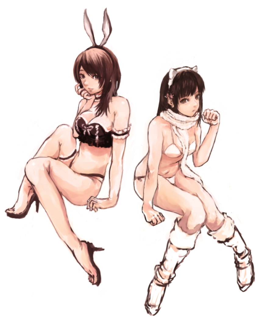 2girls black_hair breasts brown_eyes brown_hair character_request cleavage closed_mouth fatal_frame fatal_frame_5 full_body gauss_<bokashi high_heels highres hinasaki_miu kozukata_yuuri long_hair looking_at_viewer multiple_girls simple_background smile swimsuit white_background