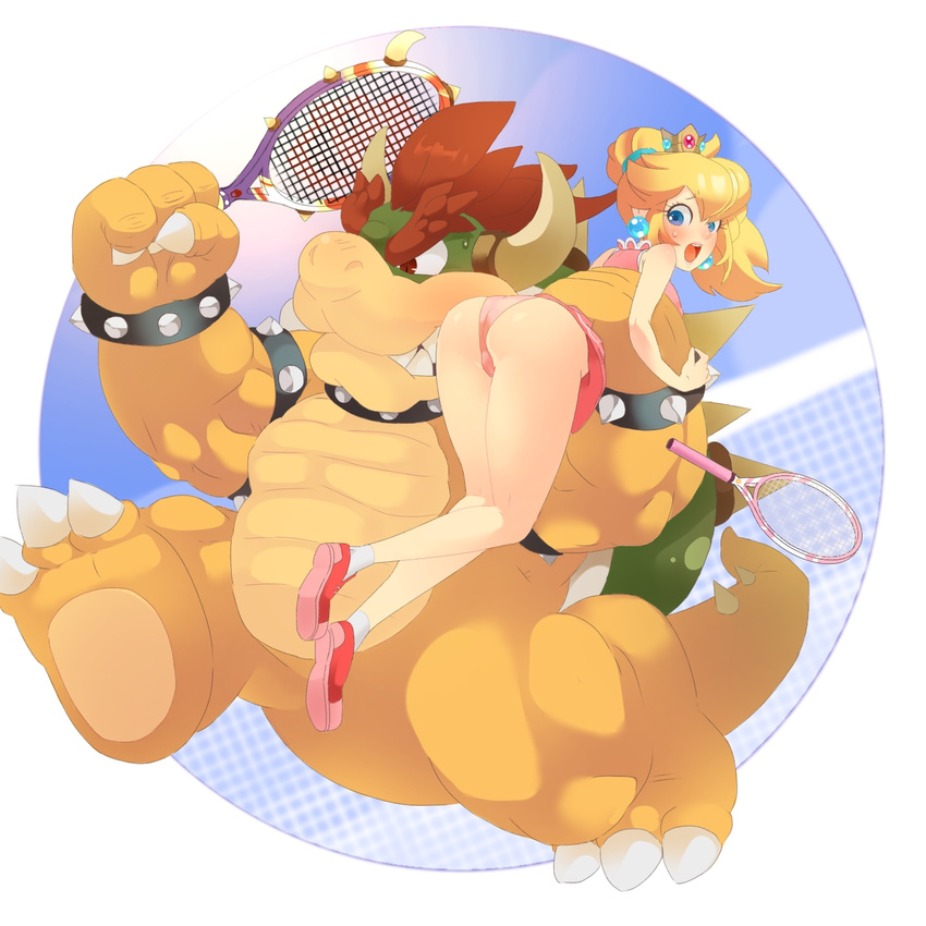 ass bad_id bad_pixiv_id blonde_hair blue_eyes blush bowser bracelet carrying_over_shoulder collar crown earrings female highres horns jewelry mario_(series) mario_tennis mario_tennis:_ultra_smash monster panties pink_panties princess_peach racket red_eyes red_hair running shell slit_pupils spiked_bracelet spiked_collar spiked_shell spikes tennis_peach tennis_racket underwear zabumaku