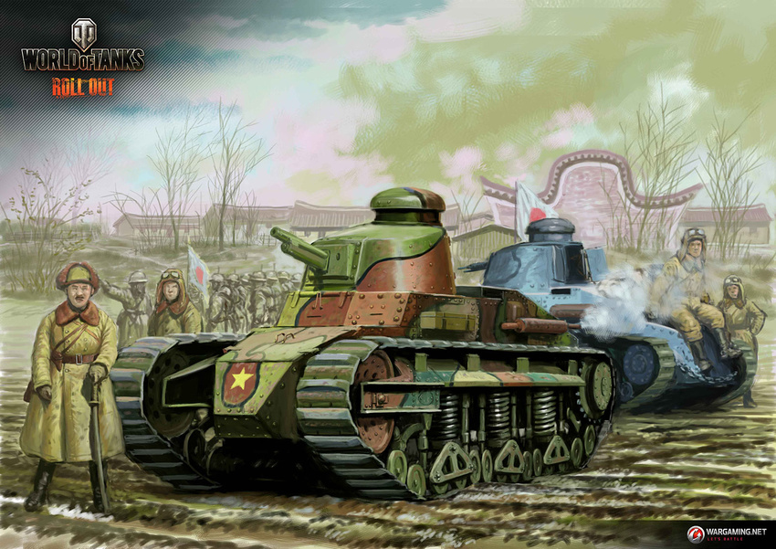 6+boys architecture caterpillar_tracks cloud commentary day east_asian_architecture english_commentary ft-17 highres house katana kobayashi_motofumi military military_vehicle motor_vehicle multiple_boys official_art renault_nc27_otsu sky sword tank tree wargaming_japan weapon world_of_tanks