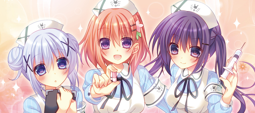 3girls :d armband black_hair bow bowtie brown_hair commentary_request double_bun gochuumon_wa_usagi_desu_ka? grey_hair hair_bun hair_ornament hairclip hairpin hat highres holding hoto_cocoa kafuu_chino long_hair looking_at_viewer medicine multiple_girls nakada_rumi nurse nurse_cap open_mouth parted_lips pill purple_eyes short_hair smile sparkle syringe tedeza_rize twintails x_hair_ornament