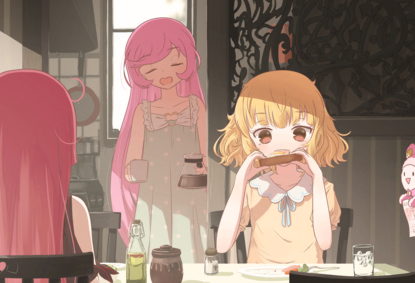 1boy 3girls alternate_hairstyle aqua_dress bad_id bad_pixiv_id blonde_hair blue_ribbon blush bread bread_slice chair closed_eyes coffee_pot commentary_request cup dress egg egg_(food) egg_yolk eyebrows food fried_egg fried_egg_on_toast frying_pan glass hair_down head_tilt highres hojo_sophy holding holding_food ice ice_cube indoors kitchen kuma_(pripara) long_hair manaka_laala messy_hair minami_mirei mug multiple_girls neck_ribbon open_mouth pink_hair polka_dot polka_dot_dress pretty_series pripara ribbon ruru_ashihara salt_shaker sitting sleeveless sleeveless_dress standing swept_bangs table tablecloth tears toast triangle_mouth very_long_hair window |_|