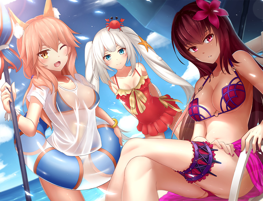 3girls animal_ears bikini blue_bikini blue_eyes breasts bu_li chinese_commentary commentary_request fate/grand_order fate_(series) flower fox_ears hair_flower hair_ornament hibiscus innertube large_breasts long_hair looking_at_viewer marie_antoinette_(fate) marie_antoinette_(swimsuit_caster)_(fate) marie_antoinette_(swimsuit_caster)_(first_ascension)_(fate) medium_breasts multiple_girls one_eye_closed outdoors pink_hair purple_hair red_eyes scathach_(fate) scathach_(swimsuit_assassin)_(fate) shirt small_breasts swim_ring swimsuit t-shirt tamamo_(fate) tamamo_no_mae_(swimsuit_lancer)_(fate) tamamo_no_mae_(swimsuit_lancer)_(second_ascension)_(fate) twintails wet wet_clothes wet_shirt white_hair yellow_eyes