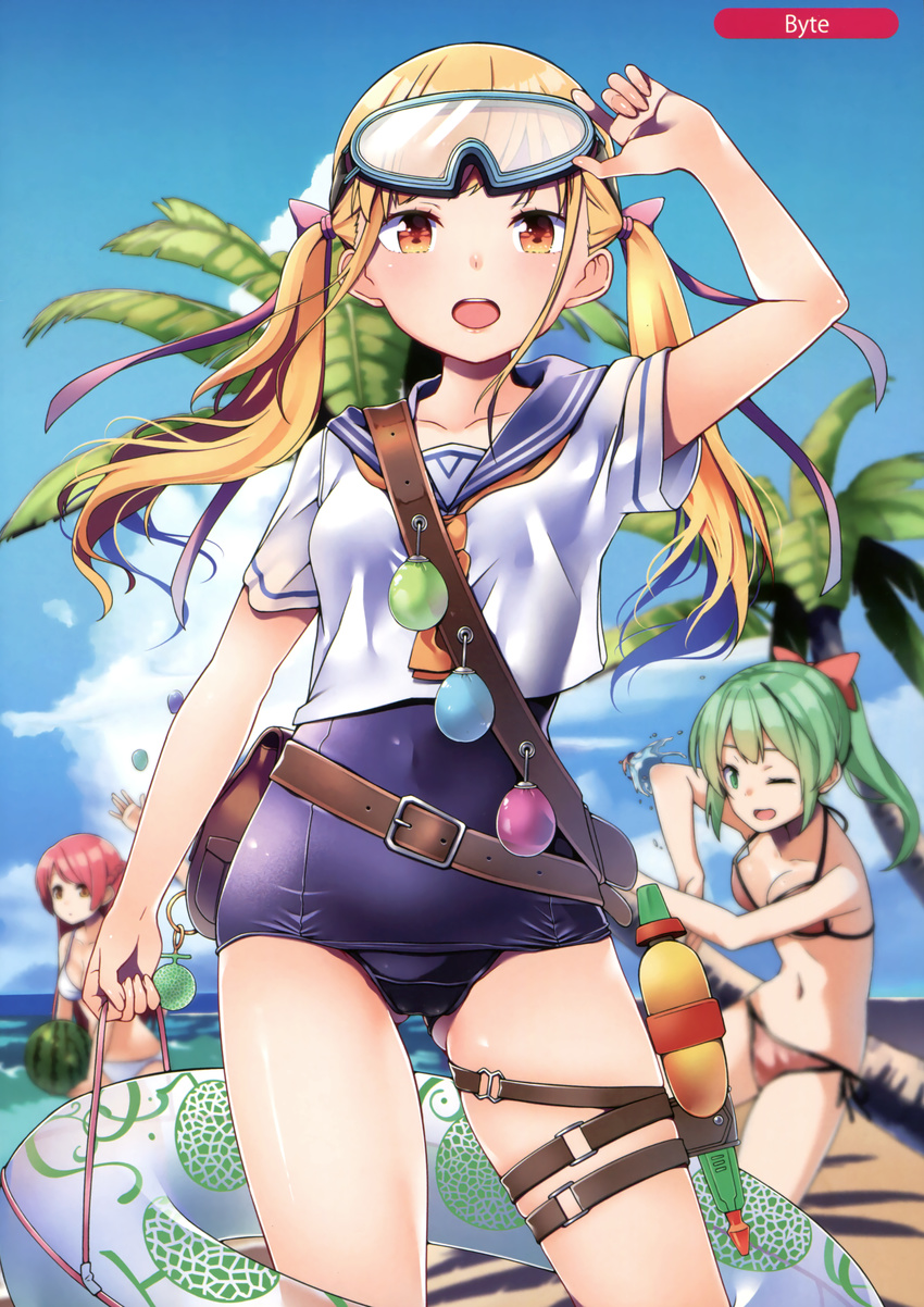 3girls :d ;d absurdres arm_up artist_name ass_visible_through_thighs beach blonde_hair blue_one-piece_swimsuit blue_sky breasts brown_eyes byte_(allbyte) cloud cloudy_sky contrapposto covered_navel cowboy_shot day goggles goggles_on_head green_hair highres innertube long_hair looking_at_viewer medium_breasts melonbooks multiple_girls old_school_swimsuit one-piece_swimsuit one_eye_closed open_mouth original outdoors pink_hair ponytail print_innertube scan school_swimsuit school_uniform serafuku short_sleeves sidelocks sky smile solo_focus standing swim_ring swimsuit swimsuit_under_clothes thigh_strap thighs twintails water_balloon water_gun