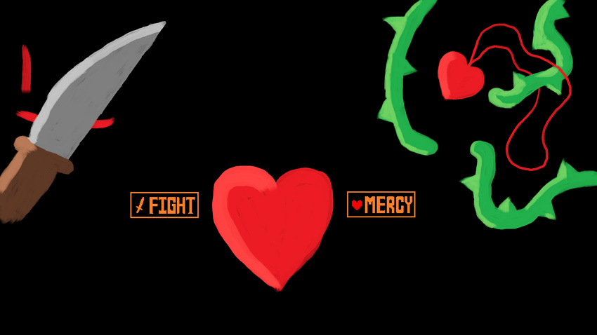 16:9 black_background chara_(undertale) fight goldforest_(artist) heart_symbol hi_res jewelry knife mercy necklace plant red_eyes simple_background soul thorns undertale undertale_(series) vines widescreen