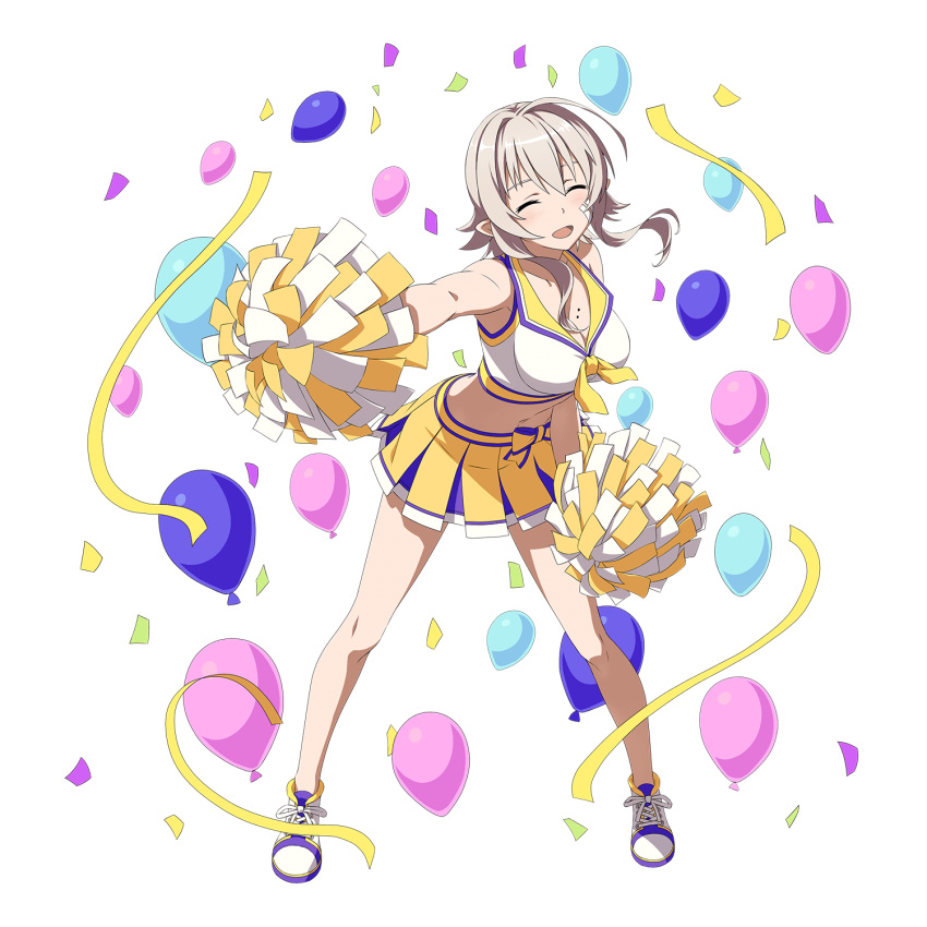 :d asymmetrical_hair bad_id balloon bandaid bandaid_on_face breasts cheerleader closed_eyes crop_top female full_body grey_hair highres large_breasts leaning_forward long_hair midriff miniskirt mole mole_on_breast navel official_art open_mouth outstretched_arm pleated_skirt pointy_ears pom_pom_(cheerleading) shoes skirt sleeveless smile sneakers solo standing stomach strea_(sao) strea_(sao-alo) sword_art_online transparent_background yellow_skirt