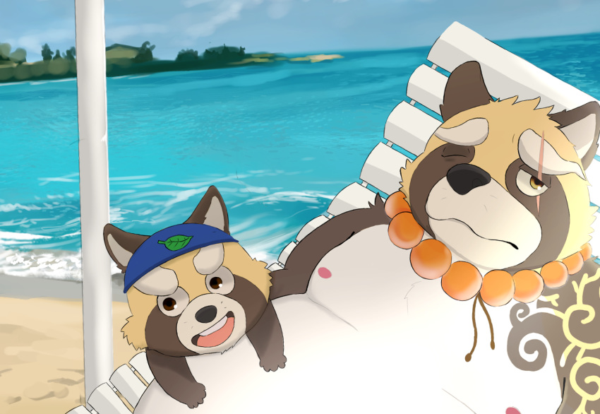 2018 anthro beach belly canid canine chair duo eye_scar facial_scar furniture gyobu's_underlings gyobu_(tas) lifewonders male mammal moobs nipples overweight overweight_male raccoon_dog satomarukun scar seaside tanuki tokyo_afterschool_summoners water young