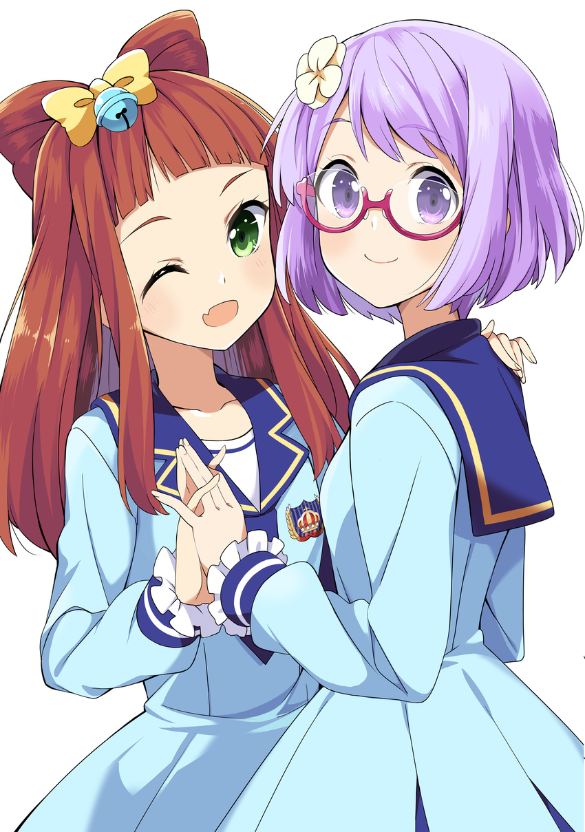 2girls ;d absurdres aikatsu!_(series) aikatsu_stars! bell blue_necktie blunt_bangs blush bow brown_hair closed_mouth collarbone commentary_request cone_hair_bun emblem eyebrows flower frilled_sleeves frills glasses green_eyes hair_bell hair_bun hair_flower hair_ornament hairbow hand_on_another's_shoulder head_tilt highres holding_hands jingle_bell light_purple_hair long_hair long_sleeves multiple_girls nanakura_koharu necktie oerba_yun_fang one_eye_closed open_mouth pink-framed_eyewear purple_eyes saotome_ako school_uniform semi-rimless_eyewear serafuku short_necktie simple_background smile swept_bangs under-rim_eyewear wara_(warapro) white_background yellow_bow yotsuboshi_academy_school_uniform