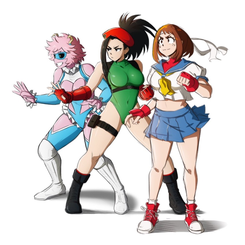 3girls ashido_mina black_hair boku_no_hero_academia cammy_white_(cosplay) cowboy_shot fighting_stance highres kasugano_sakura_(cosplay) kellzallday30 legs_apart looking_at_viewer multiple_girls pink_hair pink_skin rainbow_mika_(cosplay) short_hair solo street_fighter uraraka_ochako yaoyorozu_momo