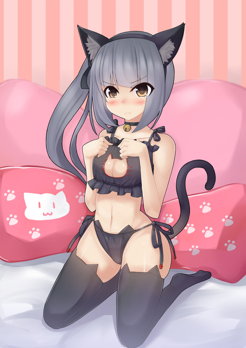 :< alternate_costume animal_ears bare_arms bell black_panties black_thighhighs blush bow breasts brown_eyes cat_cutout cat_ear_panties cat_ears cat_lingerie cat_tail choker cleavage cleavage_cutout clothing_cutout commentary_request fake_animal_ears female full_body grey_hair hair_ribbon hairband hairbow highres kantai_collection kasumi_(kancolle) kneeling kuronekozero looking_at_viewer meme_attire navel panties ribbon side-tie_panties side_ponytail small_breasts solo tail tears thighhighs underwear underwear_only