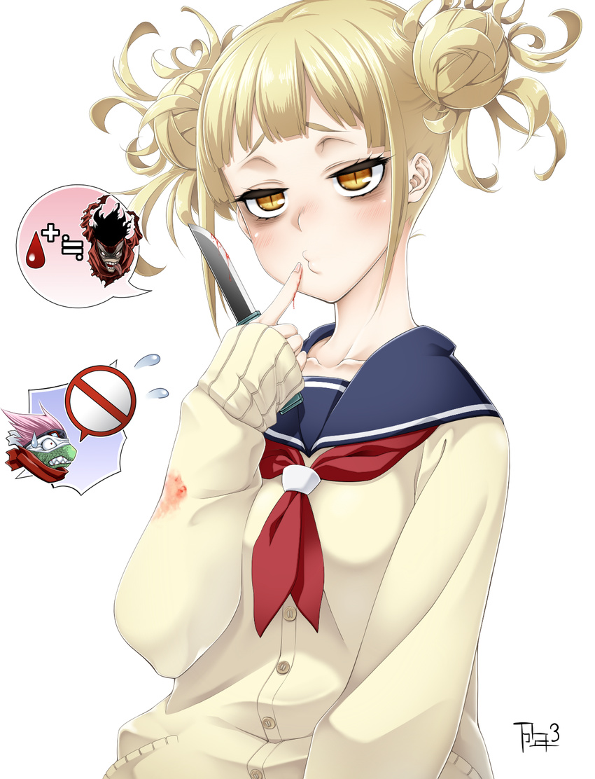 2boys akaguro_chizome bangs blonde_hair blood blood_on_weapon blunt_bangs blush cardigan double_bun female iguchi_shuuichi knife messy_hair multiple_boys school_uniform serafuku simple_background sman'nen_3-i toga_himiko upper_body weapon yellow_eyes