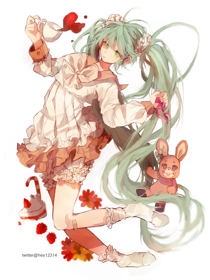 bandaid bloomers bow cake commentary_request cup female food frilled_skirt frilled_socks frills fruit full_body green_eyes green_hair hair_ornament hair_scrunchie hatsune_miku heart highres kneehighs lol_-lots_of_laugh-_(vocaloid) long_hair long_sleeves nail_polish neck_ribbon pink_bow pink_ribbon pink_skirt raspberry ribbon sailor_collar school_uniform scrunchie serafuku skirt socks solo stuffed_animal stuffed_rabbit stuffed_toy teacup twice12314 twintails twitter_username underwear very_long_hair vocaloid wavy_hair white_background white_scrunchie