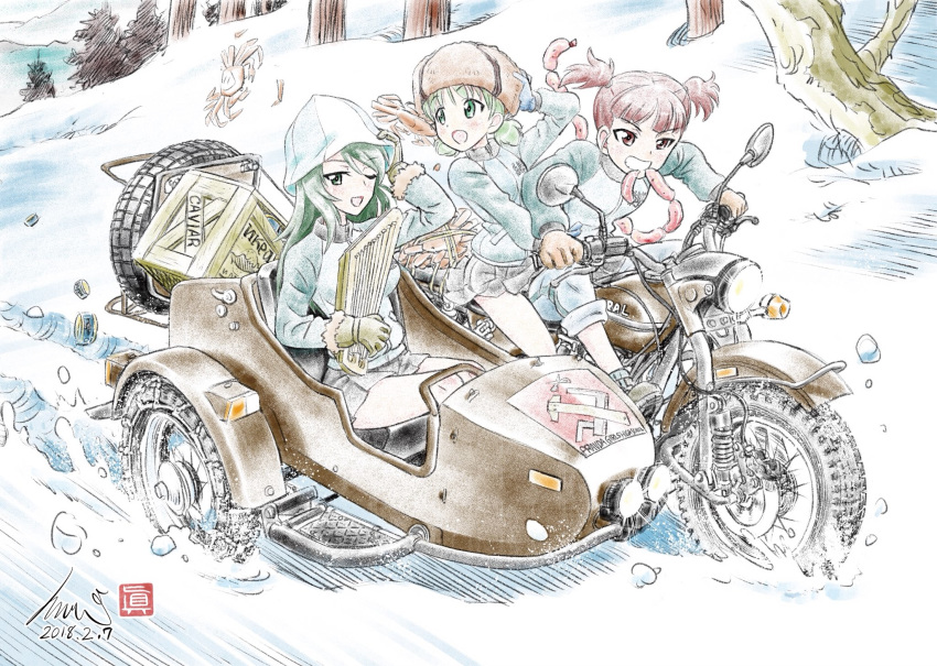 3girls aki_(girls_und_panzer) artist_name blue_hat blue_jacket blue_skirt box brown_eyes brown_gloves brown_hair brown_hat caviar colored_pencil_(medium) commentary_request crab cyrillic dated day driving emblem english_text food food_in_mouth fur_hat girls_und_panzer gloves green_eyes grin hair_tie hand_on_headwear hat highres holding holding_instrument instrument jacket kantele keizoku_military_uniform kubota_shinji light_brown_hair long_hair long_sleeves looking_at_viewer looking_back mika_(girls_und_panzer) mikko_(girls_und_panzer) military military_uniform miniskirt motion_blur motor_vehicle motorcycle mouth_hold multiple_girls on_motorcycle one_eye_closed open_mouth outdoors pants pants_rolled_up pants_under_skirt pleated_skirt pravda_(emblem) raglan_sleeves red_eyes red_hair russian_text sausage short_hair short_twintails sidecar signature sitting skirt smile snow theft track_jacket track_pants traditional_media translated tree tulip_hat twintails uniform ural_(motorcycle) ural_650 ushanka watermark wheel white_gloves winter