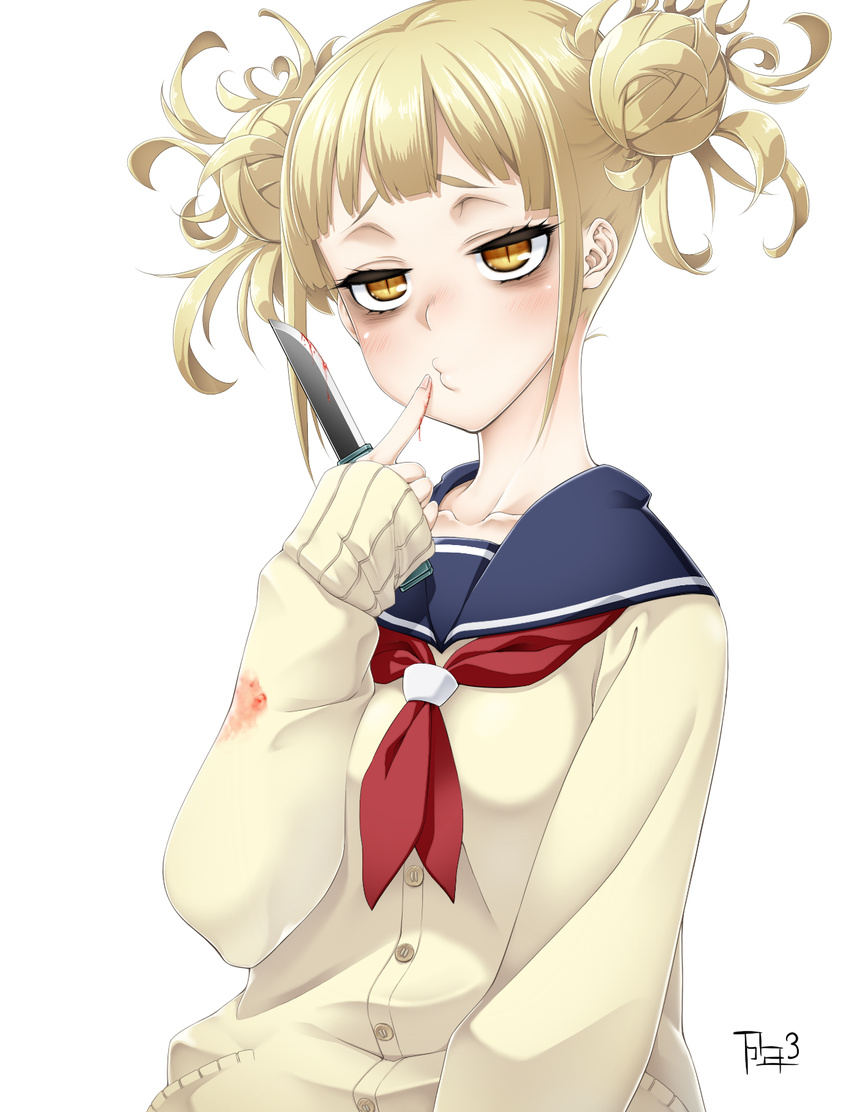 bangs blonde_hair blood blood_on_weapon blunt_bangs blush cardigan double_bun female knife man'nen_3-i messy_hair school_uniform serafuku simple_background solo toga_himiko upper_body weapon yellow_eyes