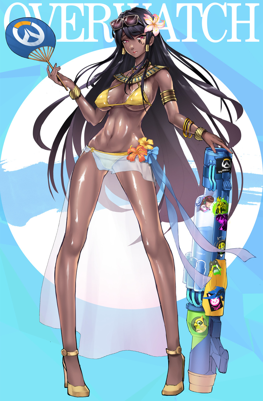 absurdres alternate_eye_color alternate_hair_length alternate_hairstyle animal animal_print armlet armor bad_bcy_id bad_id bikini bird black_hair bodysuit bracelet breasts breasts_apart brown_hair captain_chengsi chains character_name cleavage collarbone copyright_name covered_nipples d.va_(overwatch) dark-skinned_female dark_skin dreadlocks earrings emblem eyebrows eyewear_on_head facepaint facial_mark female flower ganymede_(overwatch) goggles groin hair_flower hair_ornament hair_tie hair_tubes halterneck hand_fan head-mounted_display headphones high_heels highres holding holding_fan jewelry large_breasts legs_apart lips long_hair lucio_(overwatch) midriff navel necklace no_eyes overwatch overwatch_1 paper_fan parted_lips pauldrons pharah_(overwatch) photoshop_(medium) pilot_suit pink_lips ponytail rabbit_print red_eyes red_lips rocket_launcher sarong shoes shoulder_armor shoulder_pads sidelocks solo spikes sticker stomach strap_gap stud_earrings sunglasses swimsuit tire very_long_hair weapon whisker_markings widowmaker_(overwatch) yellow_bikini yellow_footwear