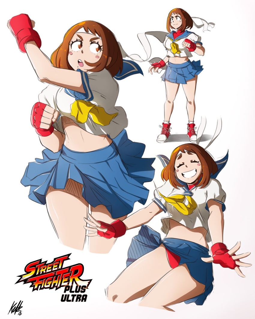 blue_sailor_collar boku_no_hero_academia brown_hair cowboy_shot female fighting_stance fingerless_gloves gloves headband highres kasugano_sakura_(cosplay) kellzallday30 legs_apart looking_at_viewer open_mouth pleated_skirt sailor_collar school_uniform serafuku short_hair skirt solo street_fighter uraraka_ochako