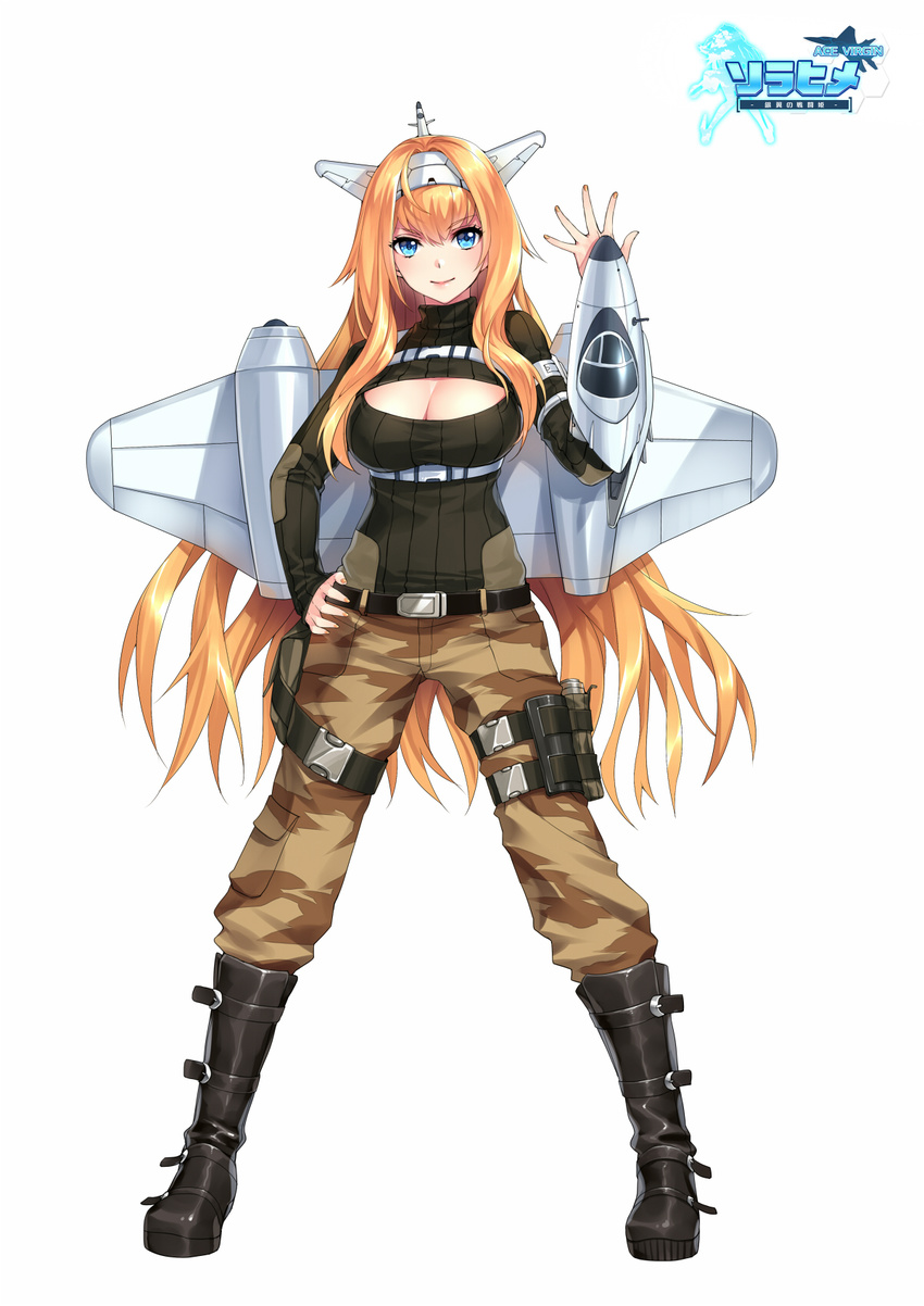 ace_virgin aircraft airplane belt black_sweater blue_eyes boots breasts camouflage camouflage_pants canberra_(ace_virgin) cleavage_cutout closed_mouth clothing_cutout commentary_request copyright_name female full_body gloster_meteor hand_on_own_hip hand_up headgear highres kangetsu_(fhalei) knee_boots large_breasts leg_belt lips logo long_hair long_sleeves looking_at_viewer machinery mecha_musume orange_hair pants pouch ribbed_sweater simple_background smile solo standing sweater very_long_hair white_background