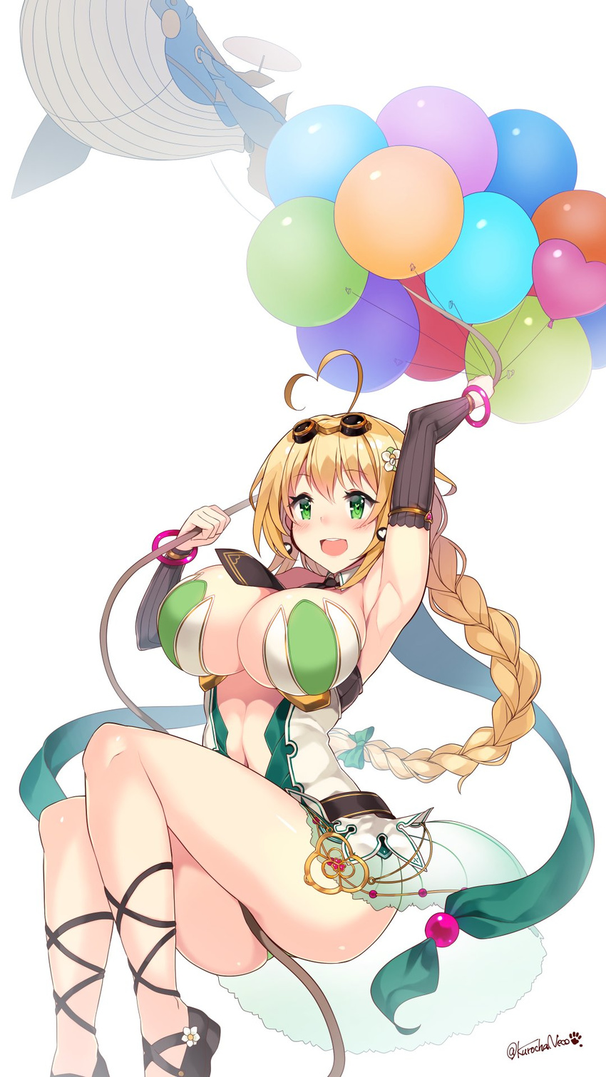 :d ahoge arm_up armpits balloon balloon_vine_(flower_knight_girl) bangle baul_(tales) blonde_hair blush bracelet braid breasts commentary_request elbow_gloves female flower_knight_girl gloves goggles goggles_on_head green_eyes hair_ornament hair_ribbon heart heart_ahoge heart_balloon highres jewelry kuro_chairo_no_neko large_breasts long_hair open_mouth ribbon rope signature simple_background single_braid smile solo strappy_heels tales_of_(series) tales_of_vesperia twitter_username whale white_background