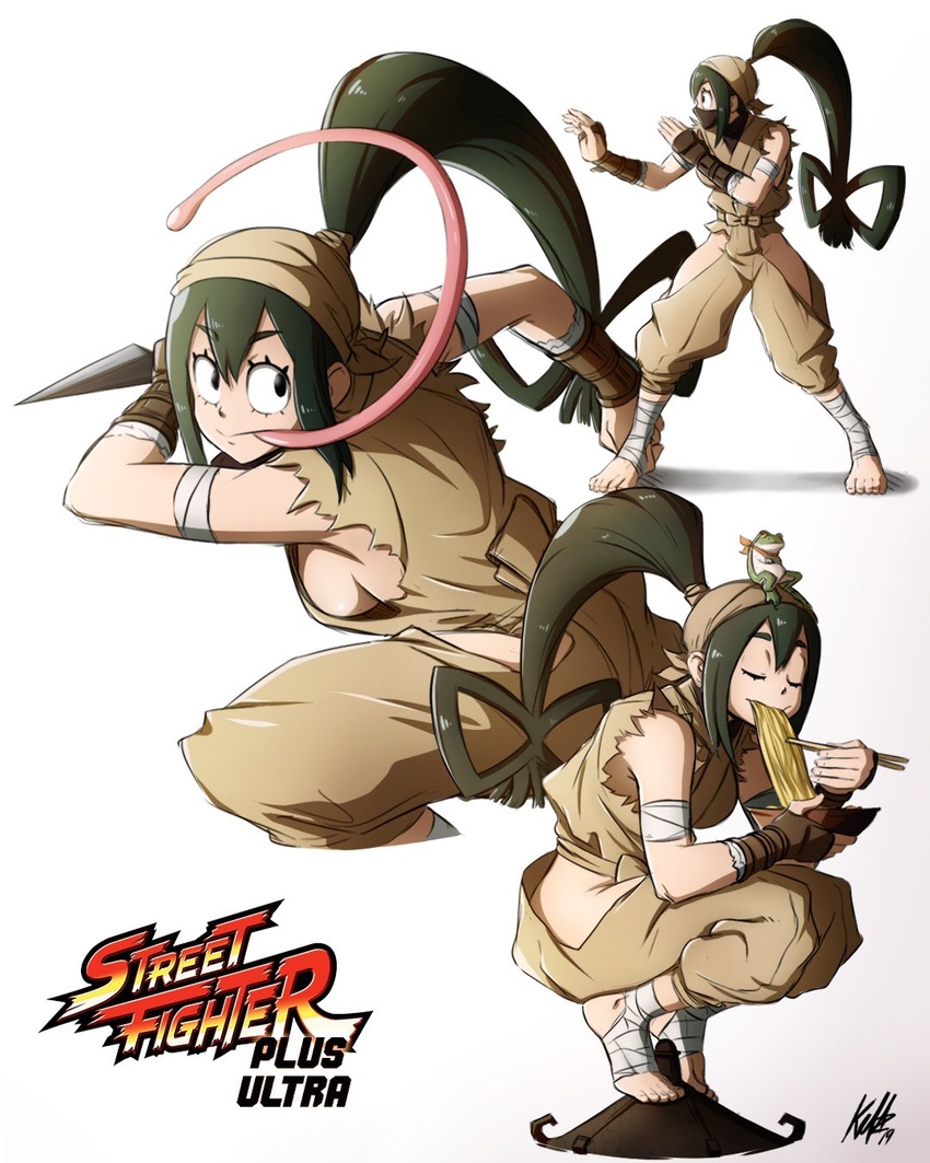 ankle_wrap asui_tsuyu barefoot black_eyes boku_no_hero_academia breasts closed_eyes commentary_request cosplay eating female frog green_hair hair_between_eyes hair_rings highres ibuki_(street_fighter) ibuki_(street_fighter)_(cosplay) kellzallday long_hair long_tongue low-tied_long_hair mask multiple_views sideboob signature simple_background street_fighter tongue very_long_hair white_background