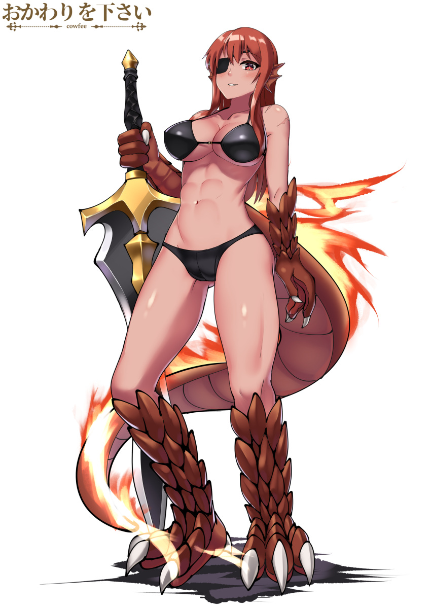 abs absurdres animal_hands artist_name bad_link bikini black_bikini blush breasts claws cleavage collarbone commission cowfee dark-skinned_female dark_skin eyepatch female fiery_tail fins fire full_body greatsword head_fins highres huge_weapon lizard_tail long_hair looking_at_viewer medium_breasts monster_girl monster_girl_encyclopedia navel parted_lips red_eyes red_hair salamander_(monster_girl_encyclopedia) scales scar simple_background smile solo standing swimsuit sword tail weapon white_background