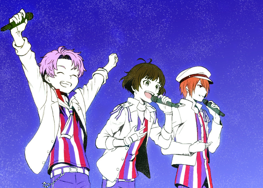 3boys ahoge akizuki_ryo arms_up belt blue_background brown_hair commentary_request f-lags_(idolmaster) fingerless_gloves gloves grin hat idolmaster idolmaster_side-m jacket kabuto_daigo male_focus microphone mo2 multiple_boys open_clothes open_jacket orange_hair peaked_cap pink_hair shirt simple_background smile striped_clothes striped_shirt tsukumo_kazuki vertical-striped_clothes vertical-striped_shirt