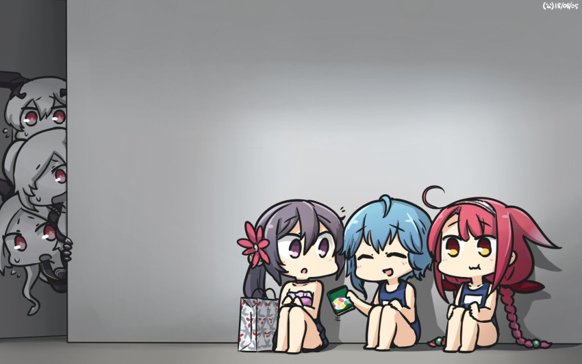 6+girls ^_^ abyssal_ship ahoge akebono_(kancolle) anchorage_oni armored_aircraft_carrier_princess asymmetrical_hair bell blue_hair blue_one-piece_swimsuit blue_skirt braid candy closed_eyes commentary dated flower food hair_bell hair_between_eyes hair_flaps hair_flower hair_ornament hair_over_one_eye hairband hamu_koutarou highres holding jingle_bell kantai_collection kawakaze_(kancolle) kunihiko_moriguchi long_hair minazuki_(kancolle) mitsukoshi_(department_store) multiple_girls one-piece_swimsuit open_mouth pink_flower pleated_skirt purple_eyes purple_hair red_eyes red_hair remodel_(kantai_collection) sakuma_drops school_swimsuit short_hair side_ponytail skirt smile southern_ocean_oni swimsuit twin_braids white_hair white_hairband yellow_eyes