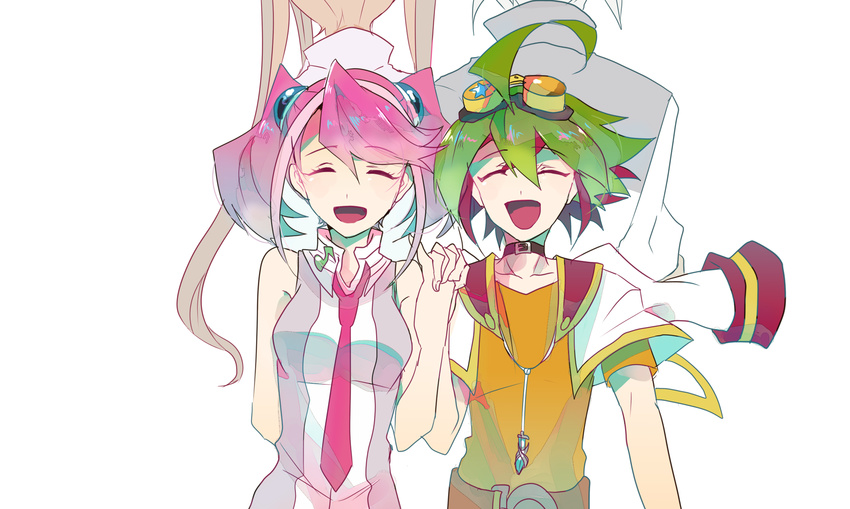 2boys 2girls akaba_ray choker goggles hiiragi_yuzu jacket jewelry multicolored_hair multiple_boys multiple_girls sakaki_yuuya shirt smile spiky_hair twintails two-tone_hair zarc_(yuu-gi-ou_arc-v)