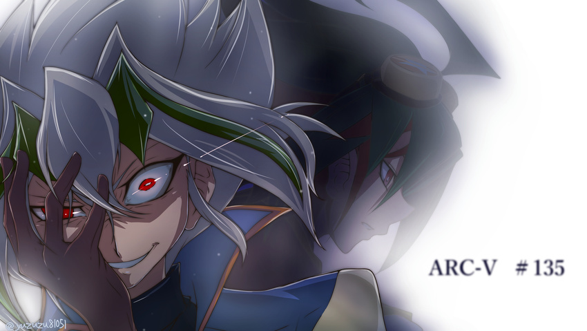 2boys ahoge evil evil_grin gloves goggles multicolored_hair multiple_boys red_eyes sakaki_yuuya spiky_hair teeth two-tone_hair yandere yu-gi-oh! yuu-gi-ou_arc-v zarc_(yuu-gi-ou_arc-v)