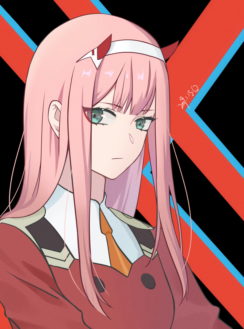 absurdres buttons commentary_request darling_in_the_franxx dated double-breasted female green_eyes hairband highres horns jacket kuooooaiq long_hair looking_at_viewer military_jacket necktie orange_necktie pink_hair red_jacket short_necktie solo upper_body white_hairband zero_two_(darling_in_the_franxx)