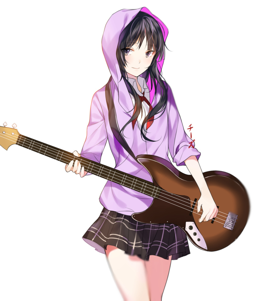 akiyama_mio bad_id bad_pixiv_id bass_guitar black_eyes black_hair black_skirt chi_zu_crazy cowboy_shot dress_shirt female fender_jazz_bass floating_hair highres holding holding_instrument hood hooded_jacket instrument jacket k-on! left-handed long_hair looking_at_viewer miniskirt neck_ribbon pleated_skirt purple_jacket red_ribbon ribbon shirt sidelocks simple_background skirt smile solo standing white_background white_shirt