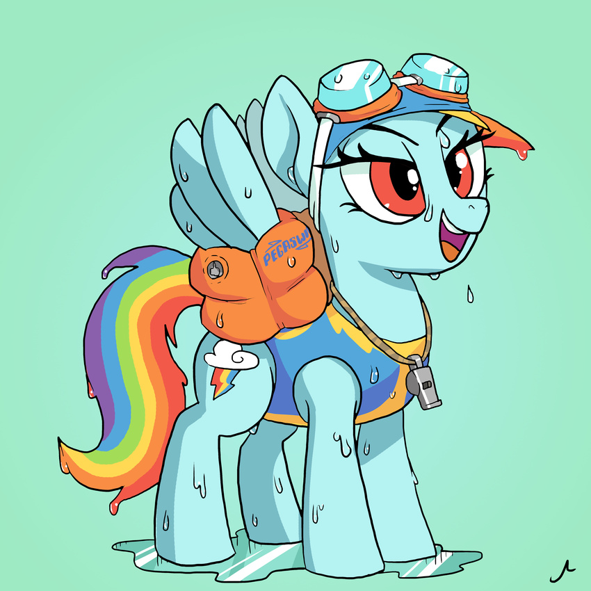 1:1 2017 absurd_res cutie_mark docwario equid equine eyewear female friendship_is_magic goggles hasbro hi_res mammal my_little_pony mythological_creature mythological_equine mythology pegasus rainbow_dash_(mlp) simple_background solo water water_wings wet whistle_(object) wings