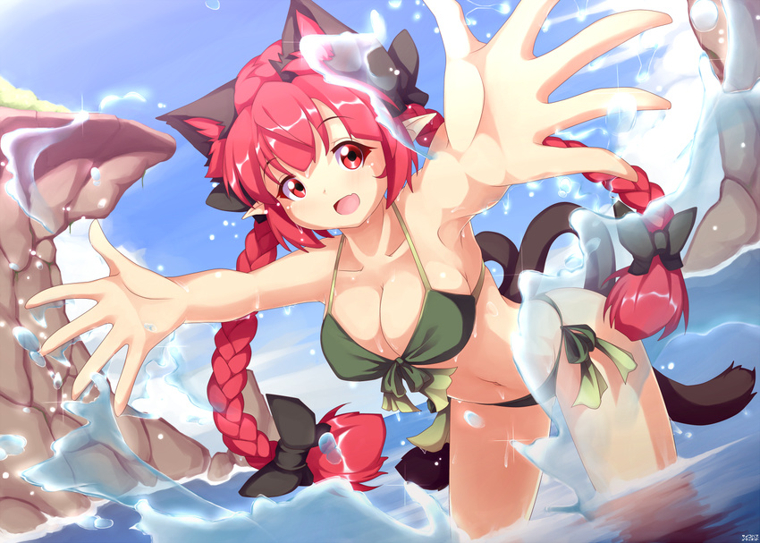 animal_ears arms_up bad_perspective bad_proportions bare_arms bare_shoulders bikini black_bow bow braid breasts cat_ears cat_tail cleavage cliff collarbone commentary_request extra_ears female foreshortening front-tie_bikini_top front-tie_top green_ribbons hairbow horizon kaenbyou_rin leaning_forward long_hair medium_breasts multiple_tails navel nekomata ocean pointy_ears psychopath_idiot red_eyes red_hair ribbon side-tie_bikini_bottom solo splashing stomach swimsuit tail touhou twin_braids two_tails very_long_hair wading