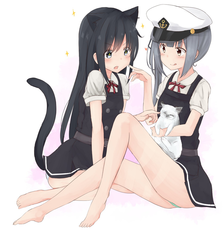 +_+ 2girls :q anchor_symbol animal animal_ears asashio_(kancolle) asashio_kai_ni_(kancolle) bare_legs barefoot belt black_eyes black_hair blush bow bowtie cat_ears cat_tail closed_mouth collared_shirt dress eyebrows feline full_body green_panties grey_hair hand_on_another's_cheek hand_on_another's_face hat heart highres holding holding_animal kantai_collection kasumi_(kancolle) kasumi_kai_ni_(kancolle) kemonomimi_mode long_hair multicolored_background multiple_girls neck_ribbon open_mouth panties peaked_cap pinafore_dress red_bow red_bowtie red_ribbon ribbon shirt short_sleeves side_ponytail sitting sleeveless sleeveless_dress smile sparkle sparkling_eyes tail tongue tongue_out two-tone_background underwear wariza white_background white_panties white_shirt yellow_eyes yuki_(yukin0128)