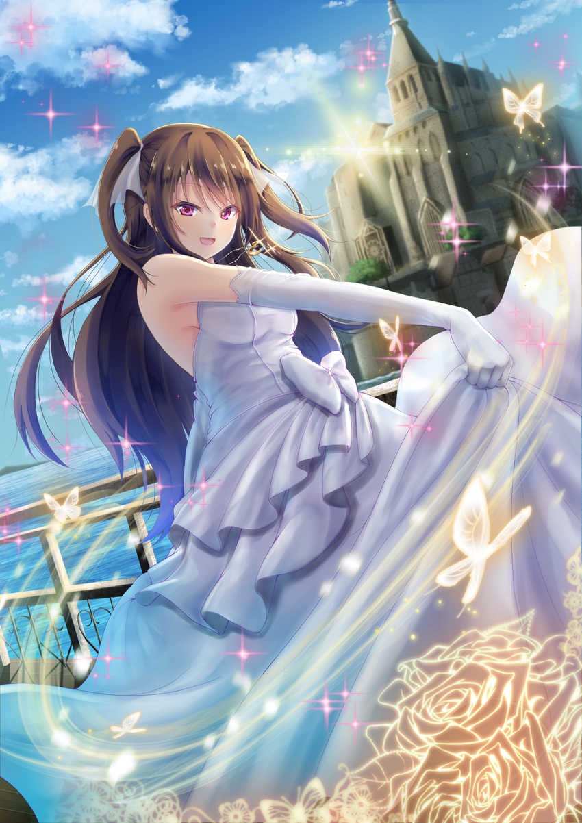 :d bare_shoulders breasts brown_hair bug butterfly castle cloud cloudy_sky commentary day denpa_(denpae29) dress dutch_angle elbow_gloves female flower from_side glint gloves glowing glowing_butterfly highres horizon jewelry light_trail long_dress long_hair looking_at_viewer looking_to_the_side medium_breasts necklace ocean open_mouth original outdoors outstretched_arm pendant pink_eyes railing rose skirt_hold sky smile solo sparkle standing two_side_up wedding_dress white_dress white_gloves