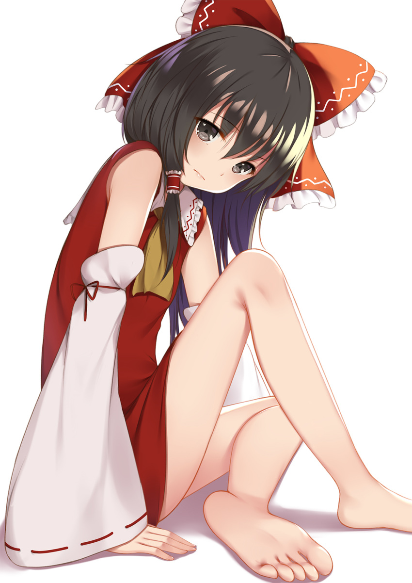 ascot barefoot black_eyes black_hair bow commentary detached_sleeves dress feet female flan_(seeyouflan) frilled_bow frills frown hair_between_eyes hair_tubes hairbow hakurei_reimu highres legs looking_at_viewer photoshop_(medium) red_bow red_dress ribbon-trimmed_sleeves ribbon_trim simple_background sitting soles solo toes touhou white_background wide_sleeves yellow_ascot