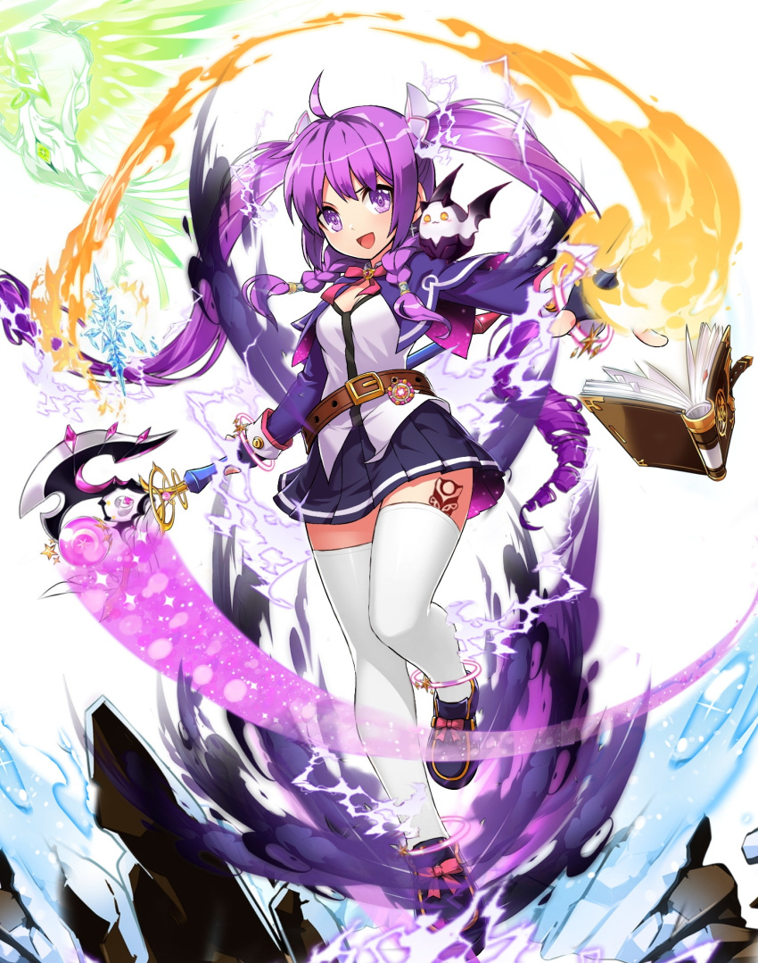 :d aether_sage_(elsword) ahoge aisha_(pixiv32170998) aisha_landar angkor_(elsword) anklet belt black_gloves black_skirt book bow bowtie breasts commentary_request daybreaker_(elsword) elsword female fingerless_gloves floating_hair footwear_bow fusion gloves hair_ornament highres holding holding_weapon jewelry leg_up long_hair looking_at_viewer metamorphy_(elsword) miniskirt neck_ribbon open_book open_mouth oz_sorcerer_(elsword) pink_bow pink_bowtie pink_ribbon pleated_skirt purple_eyes purple_footwear purple_hair rena_erindel ribbon shirt shoes simple_background skirt small_breasts smile solo standing standing_on_one_leg thighhighs twintails very_long_hair weapon white_background white_shirt white_thighhighs zettai_ryouiki