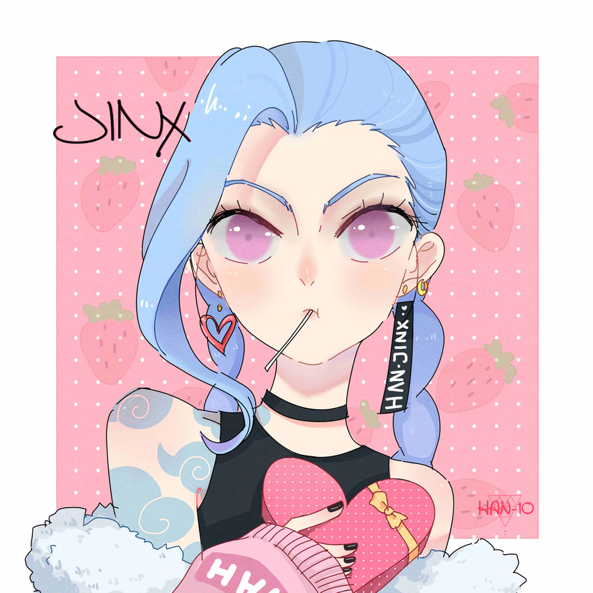 alternate_clothes arm_tattoo blue_hair braid choker female jinx_(league_of_legends) league_of_legends long_hair pink_eyes solo twin_braids