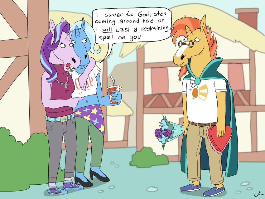 2017 4:3 absurd_res anthro bojack_horseman crossover dialogue docwario english_text equid equine female friendship_is_magic group hasbro hi_res horn humor male mammal my_little_pony mythological_creature mythological_equine mythology netflix starlight_glimmer_(mlp) style_emulation sunburst_(mlp) text trixie_(mlp) unicorn