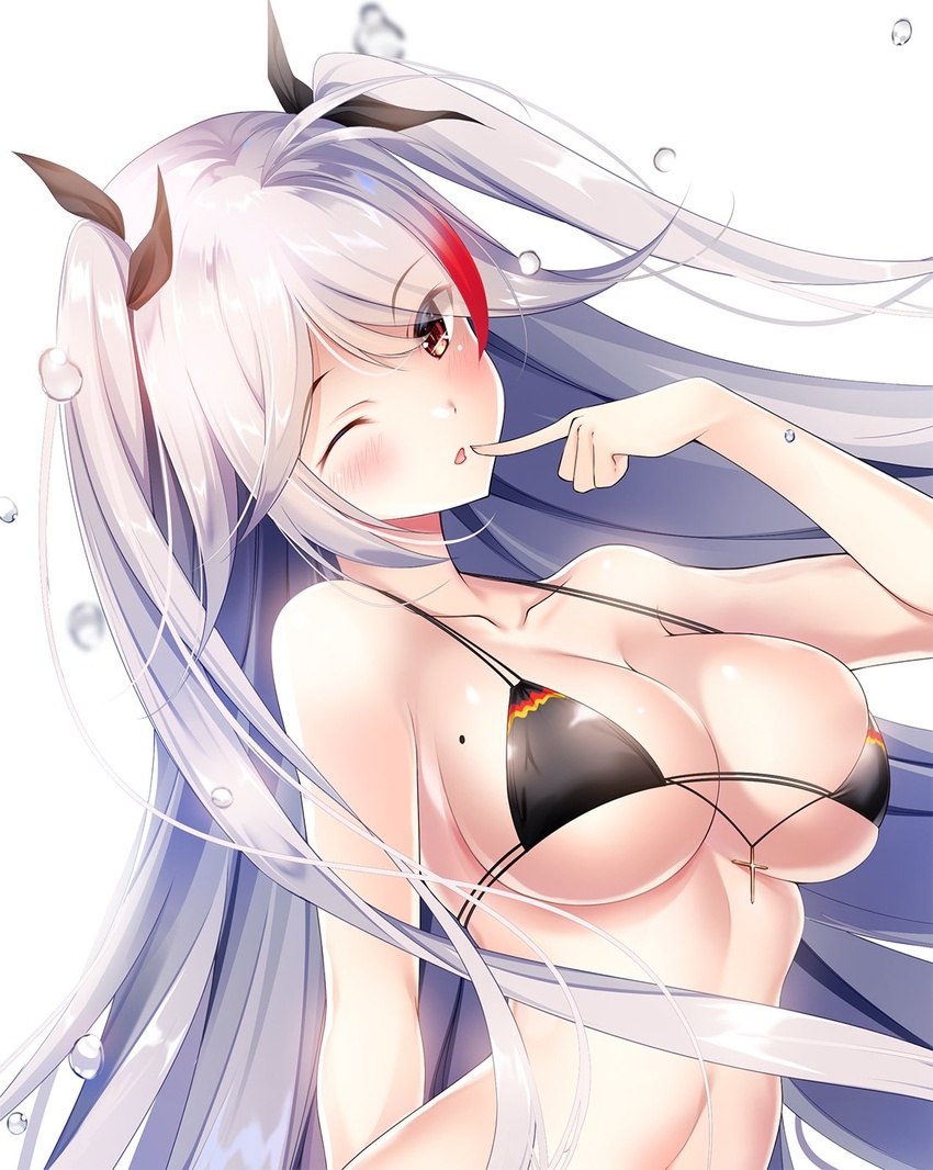 antenna_hair arm_behind_back azur_lane bare_shoulders bikini black_bikini black_choker blush breasts choker cleavage collarbone commentary_request cross eyes_visible_through_hair female finger_to_mouth flag_print german_flag_bikini grey_hair hair_between_eyes head_tilt highres iron_cross large_breasts long_hair looking_at_viewer mole mole_on_breast multicolored_hair navel official_alternate_costume one_eye_closed open_mouth prinz_eugen_(azur_lane) prinz_eugen_(unfading_smile)_(azur_lane) red_hair shiny_skin sideboob sidelocks simple_background smile solo stomach streaked_hair swept_bangs swimsuit two_side_up underboob very_long_hair wagasi_(wagasi157) water_drop white_background