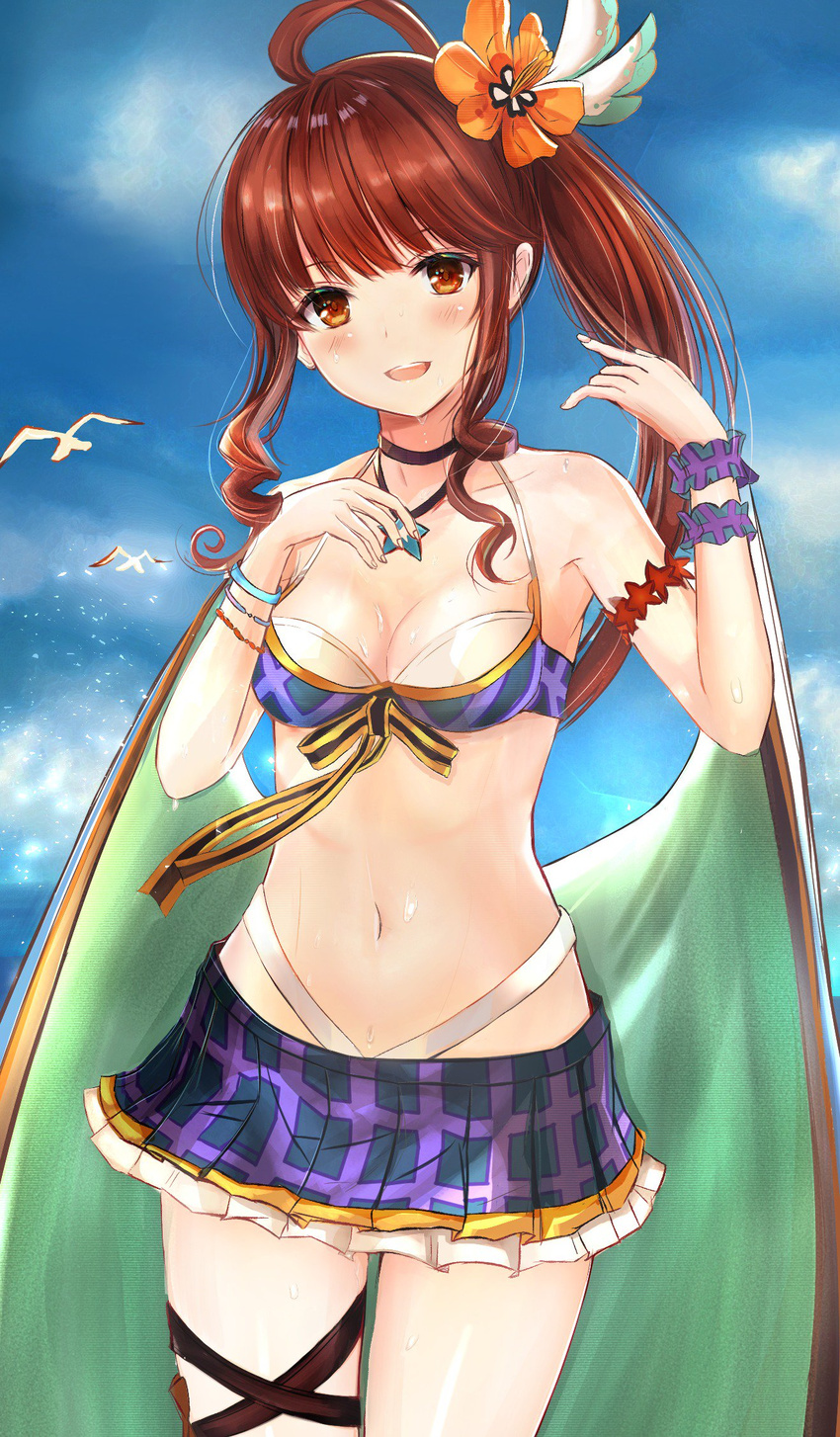 ahoge bird blush breasts brown_eyes brown_hair commentary_request diantha_(granblue_fantasy) efuri_(riarea00) female flower granblue_fantasy hair_flower hair_ornament highres looking_at_viewer medium_breasts navel open_mouth seagull side_ponytail skirt solo swimsuit