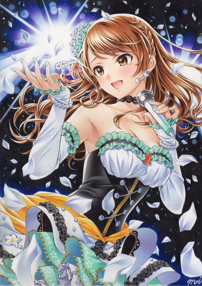 :d bad_id bad_twitter_id bare_shoulders blush braid breasts brown_eyes brown_hair cleavage colored_pencil_(medium) corset detached_sleeves dress earrings female hair_ornament highres hojo_karen idolmaster idolmaster_cinderella_girls idolmaster_cinderella_girls_starlight_stage inuono_mama jewelry long_hair medium_breasts microphone open_mouth petals smile solo traditional_media