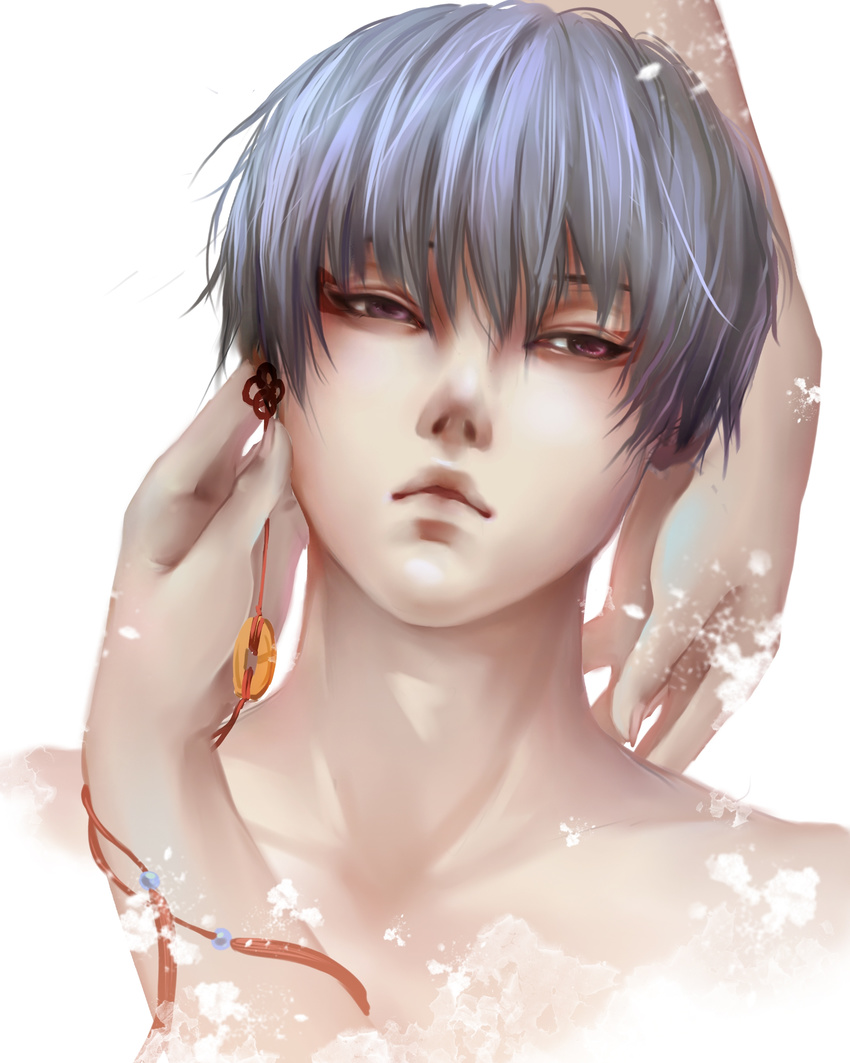 1boy blue_hair collarbone eyeshadow facial_mark goko163 hakutaku_(hoozuki_no_reitetsu) half-closed_eyes hands hoozuki_no_reitetsu makeup male_focus open_mouth purple_eyes simple_background single_earring solo_focus upper_body white_background