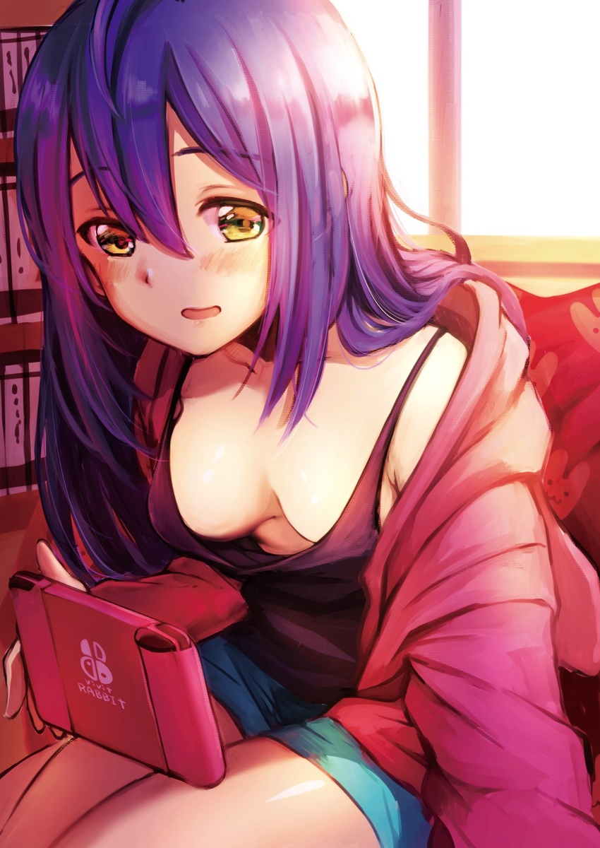 ahoge breasts cleavage commentary_request female hair_between_eyes handheld_game_console hatomugi_(mugicha) highres hood hooded_jacket idolmaster idolmaster_million_live! jacket long_hair medium_breasts mochizuki_anna nintendo_switch open_mouth purple_hair shorts solo tank_top yellow_eyes