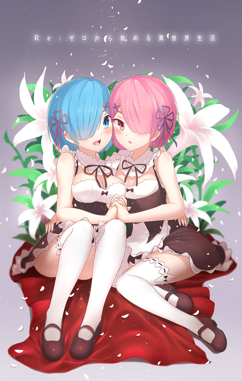 2girls blue_eyes blue_hair blue_ribbon blush breasts bu_li cleavage commentary flower hair_ornament hair_over_one_eye hair_ribbon highres holding_hands interlocked_fingers maid maid_headdress medium_breasts multiple_girls open_mouth petals pink_eyes pink_hair pink_ribbon ram_(re:zero) re:zero_kara_hajimeru_isekai_seikatsu rem_(re:zero) ribbon roswaal_mansion_maid_uniform short_hair siblings sisters sleeveless thighhighs twins white_legwear x_hair_ornament