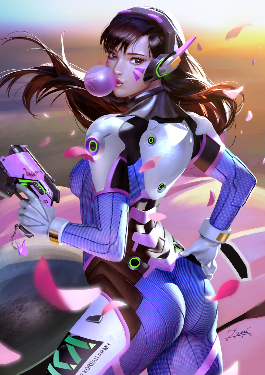 1girls 2017 absurd_res acronym animal_print asian ass bangs blizzard_entertainment blue_bodysuit bodysuit breasts brown_eyes brown_hair bubble_blowing bunny_print butt charm_(object) chewing_gum color cute d.va dat_ass egirl eyelashes eyeliner facepaint facial_mark facial_markings female fringe from_behind gloves gun handgun headphones high_collar high_resolution highres holding holding_gun holding_weapon light_skin lips long_hair looking_at_viewer looking_back mecha meka overwatch pale_skin petals pilot_suit pink_lips pistol ribbed_bodysuit seductive_look shoulder_pads skin_tight skinny slim solo swept_bangs text_on_clothes trigger_discipline video_games weapon whisker_markings white_gloves zumi