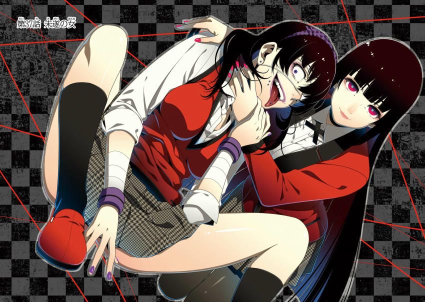 2girls bandage_over_one_eye bandaged_arm bandages black_hair black_legwear black_ribbon blazer blunt_bangs bow breasts checkered_background crazy_eyes crazy_smile earrings eyepatch fingernails hair_between_eyes hairband hand_on_another's_neck hand_on_another's_shoulder heart heart_print highres hime_cut hyakkaou_academy_school_uniform ikishima_midari jabami_yumeko jacket jewelry kakegurui kneehighs large_breasts lips lipstick long_hair long_sleeves looking_at_viewer makeup multiple_girls nail_polish naomura_tooru official_art open_mouth pantyhose piercing plaid plaid_skirt pleated_skirt purple_eyes purple_nails red_eyes red_footwear red_nails ribbon school_uniform shirt short_hair sitting skirt sleeves_rolled_up smile socks tongue tongue_out tongue_piercing very_long_hair white_shirt wristband